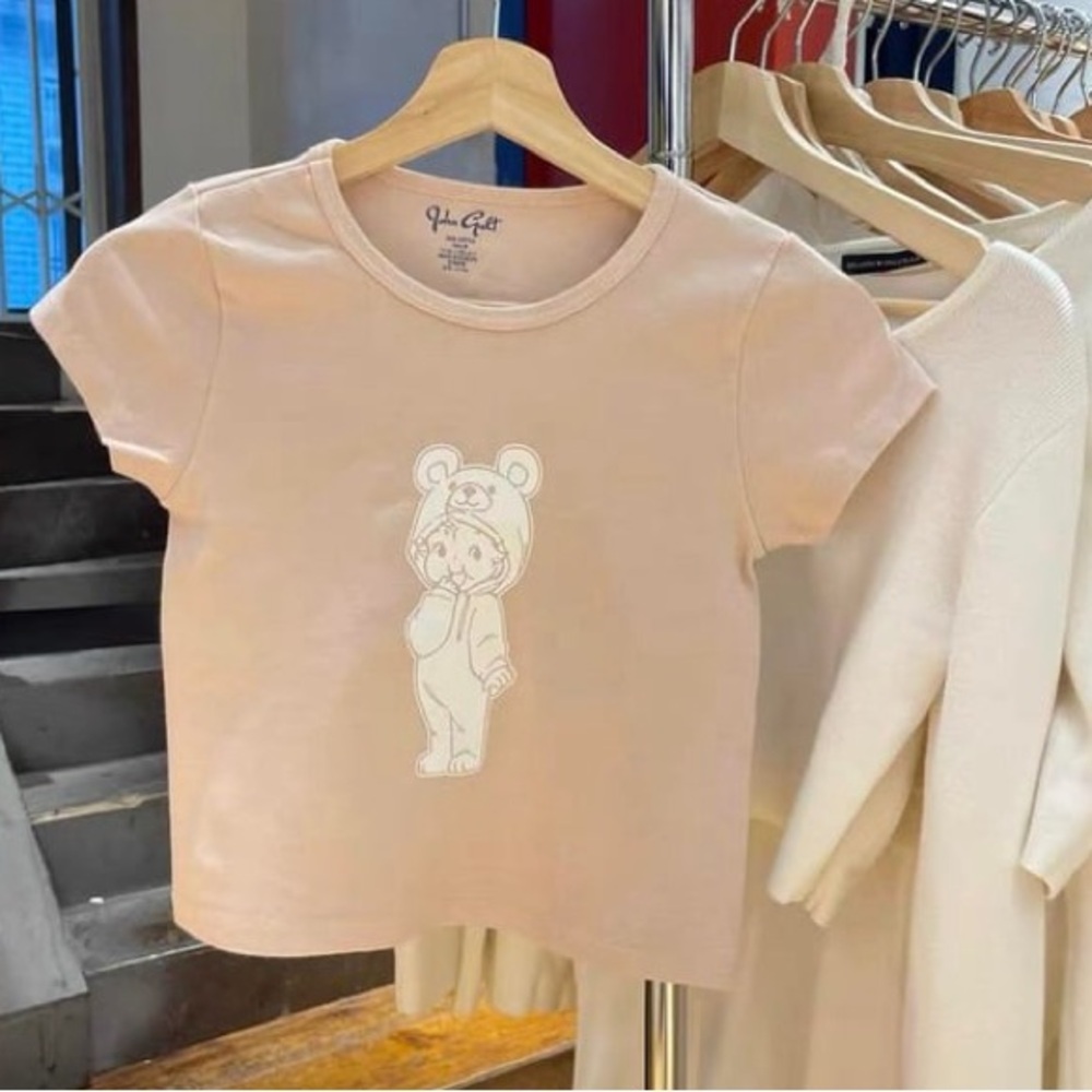 Brandy Melville Light Pink Bear Babydoll Graphic Tee